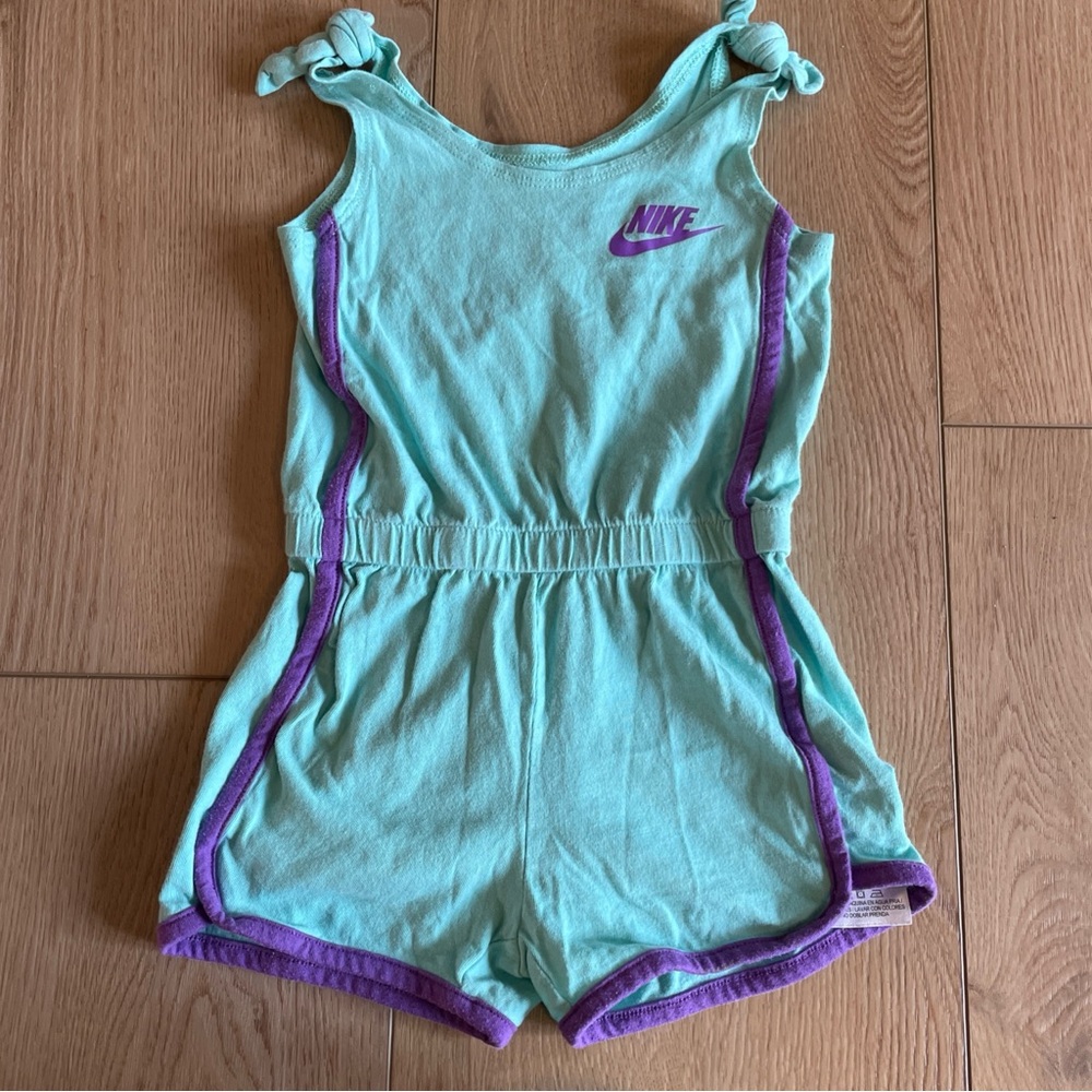 Nike Girls Aqua Romper with Purple Trim